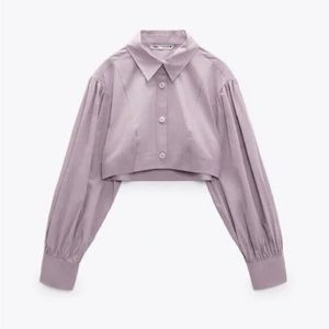 Zara Top Lilac Purple Cropped Voluminous Poplin Cotton Button Top Size Large